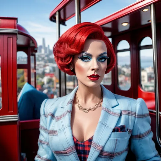 Prompt: Hyper-realistic 8k hd hi-res digital photography (Gorgeous California caucasian drag queen(with strong masculine jawline and brow features)), stepping onboard the bright red (San Francisco Cable Car), chic (pixie cut red hair), radiant face, wearing a stylish (sky-blue blazer), (knit top), and a (light blue plaid pleated skirt), paired with (black fashion boots), set against a vibrant, (sunny day), bustling atmosphere, (dynamic scene). Captured in ultra-detailed (8K) resolution, photorealistic style.