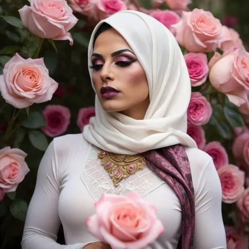 Prompt: (Gorgeous muscular 35-year-old Afghani drag queen bodybuiler with large busom, dark eye makeup, and dark lipstick (with strong masculinefacialfeatures)) standing amidst blooming pink roses, her face subtly veiled in soft, golden light creating an ethereal effect, wearing a pristine white hijab that contrasts gently with the vibrant petals. The atmosphere exudes serenity and grace, surrounded by delicate pink hues, capturing an enchanting and mystical ambiance. The quality is ultra-detailed, ensuring depth and clarity in this spiritually uplifting scene.