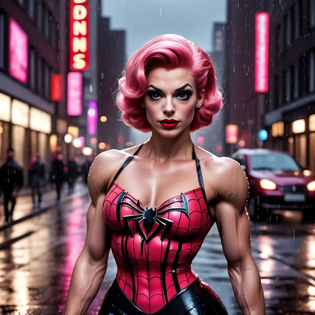 Prompt: Spiderman dressed as A hyper realistic flawless 25-year-old gorgeous Northern European drag queen bodybuilder with pink updo hair walking the streets as a 50s housewife on a dark and rainy night. Heavy eye makeup. Dark red lipstick.