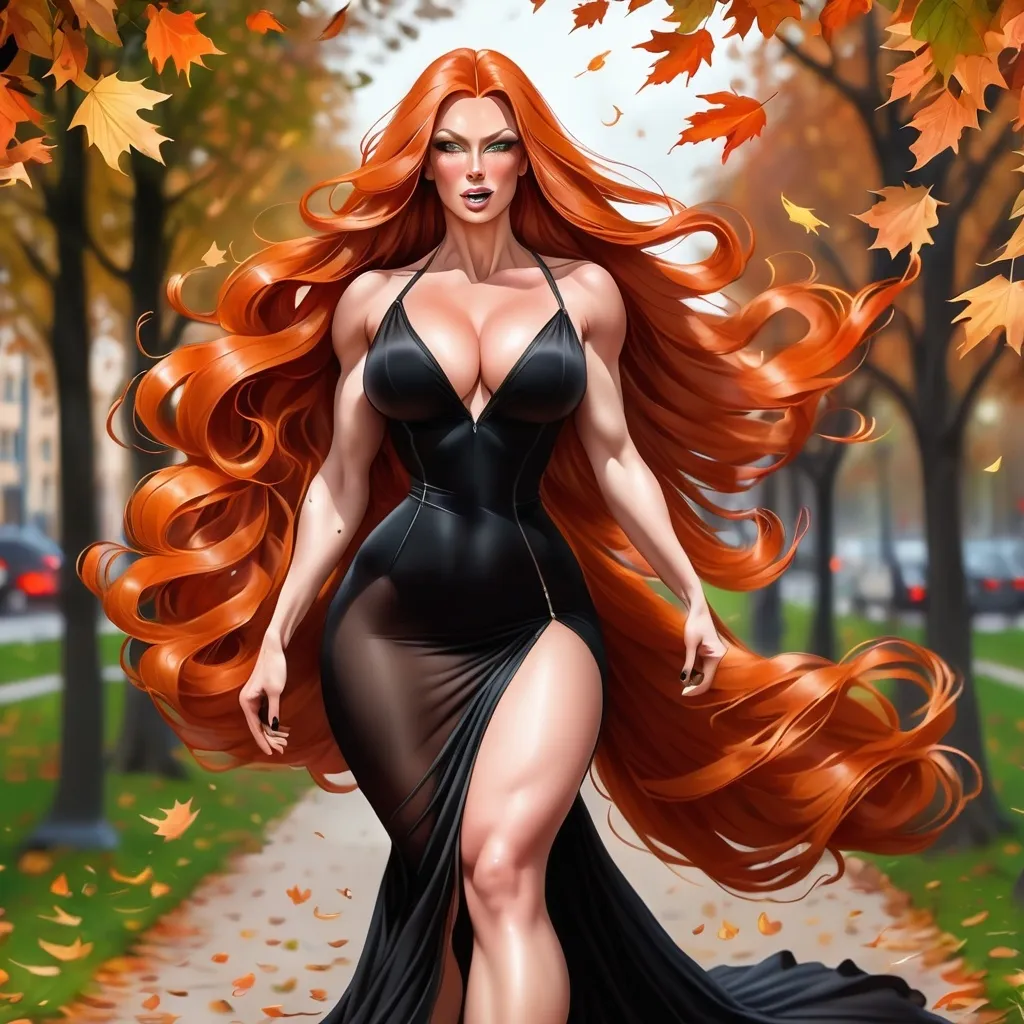 Prompt: Gorgeous ultra-muscular 25-year-old Latvian drag queen bodybuilder with very long flowing dark orange hair (((blowing in the wind))) and huge busom, wearing low cut very sheer black dress with long train and 8 inch stiletto high heel shoes, walking through the leaves of autumn at morning.