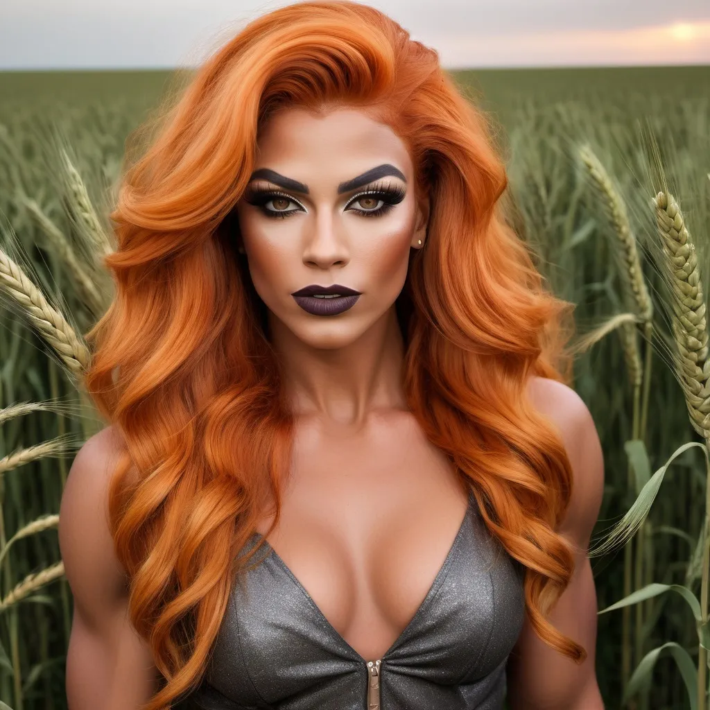 Prompt: (Walking through a sunkissed wheat field) Gorgeous ultra-muscular 25-year-old drag queen who is multiracial of Dutch, Persian, and Russian origin with Breathtakingly Gorgeous features. She has long, wavy bight orange hair and grey eyes, and her skin tone is olive complexion. Wearing dark eye shadow and dark lipstick. She is currently wearing a sundress and 8 inch stiletto knee-high boots. Walking through a sunkissed wheat field.