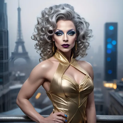 Prompt: (realistic image of futuristic French drag queen age-45), (muscular, pretty, curvy, muscular), light skin, (curly silver updo hair), blue eyes, (dressed in a gold dress), dark eye makeup, dark lipstick, posed flirty, futuristic city background, misty morning, (rich textures), (soft lighting), (ultra-detailed), 4k quality, opulent decor.