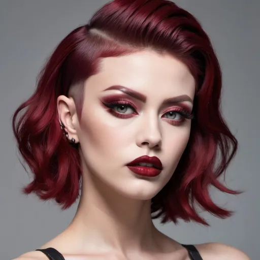 Prompt: side buzzed fade longer k-pop top cut with a dark red trendy moehawk, hair cut sample, fashion magazine, high focus on trendy hairstyle, gorgeous 30-year-old Czechian drag queen bodybuilder model with thick eyeshadow and dark red lipstick--ar 9:16 --v 6.0