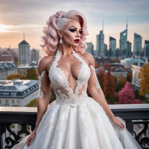 Prompt: Gorgeous ultra-muscular 25-year-old Finnish drag queen bodybuilder with ridiculously long wavy platinum pink updo hairstyle wearing an elegant white wedding dress, standing on the balcony of her luxurious mansion overlooking the city skyline. She has dark eye makeup and dark red lipstick. The gown features delicate lace detailing along its bodice and halter neckline, complemented by sheer sleeves that accentuate her figure's curves. Her pose is confident yet graceful as she gazes out at the horizon, embodying grace and elegance in timeless beauty in the style of a classic painting