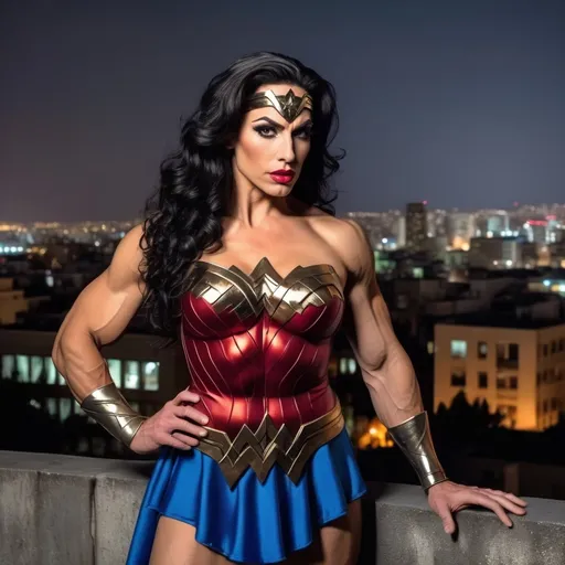 Prompt: Gorgeous umuscular 30-year-old Greek drag queen bodybuilder (very strong masculine jawline and brow features) with big busom and long wavy stylish black hair, dressed as Wonder Woman (DC Comics Character), standing on the ledge of a building at night, looking away into the city.