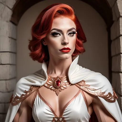 Prompt: Gorgeous muscular 25-year-old Czechian drag queen bodybuilder (with strong masculine jawline and brow) with bright red hair, wearing a regal tunic, ivory white, with armor sewn into the fabric. Cascading cape, draping from the shoulder lapel. Cottage core aesthetic. Delicate rose gold detailing.