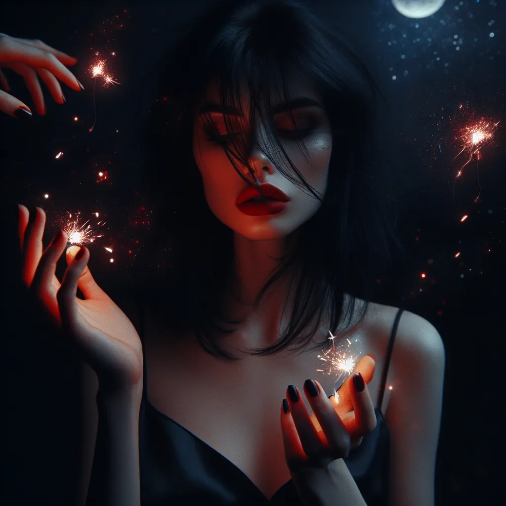 Prompt: Dark black hair and ruby lips, sparks fly from her fingertips. Echoed voices in the night.
She's a restless spirit on an endless flight.