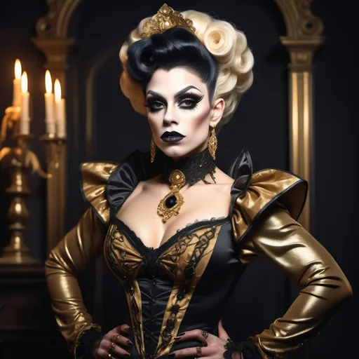 Prompt: elegant gorgeous muscular young vampire drag queen in gold and black tones and victorian dress