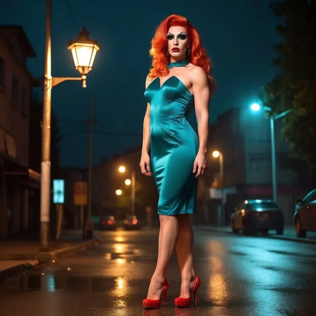 Prompt: dark street, 25-year-old Croatian muscular drag queen (masculine jawline and brow facial features) with bright red hair wearing knee-length teal nylon frock and 8 inch stiletto high heel shoes. using turned on street lamp. she is stand under the lamp. background is dark. little raining . she is wet.