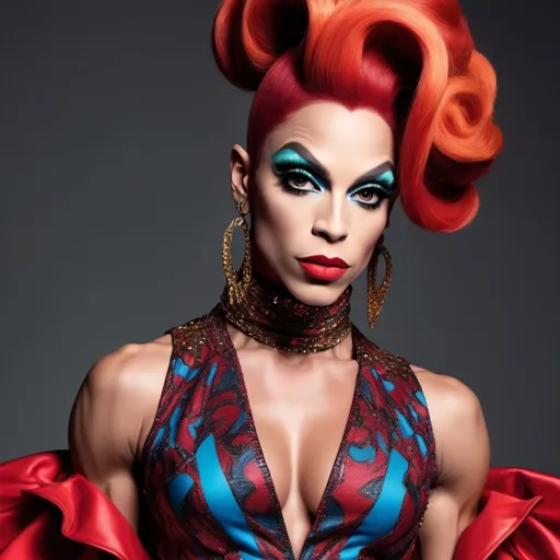 Prompt: Prince dressed up as a Gorgeous ultra-muscular 25-year-old Czechian drag queen bodybuilder with long dark red stylish updo wearing a (Moschino dress), high fashion design, colorful patterns, playful and vibrant, couture elegance, luxurious texture, striking silhouette, artistic flair, runway-inspired style, intricate details, eye-catching embellishments, bold color palette, fashionable ambiance, (ultra-detailed), high-quality craftsmanship, fashion illustration vibes, stylish ensemble, (vivid colors), aesthetically stunning.