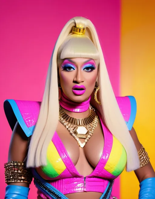 Prompt: Rodney Dangerfield dressed up as Nicki Minaj, dressed in a (bold 80s glam rock Balmain outfit), vibrant colors, high wattage (dramatic makeup), striking accessories, playful pose, heavy makeup,  luxurious textures, glamorous lighting, retro vibes, bold style, intricate patterns, (highly detailed), vibrant backdrop, mood of confidence and empowerment, ultra-detailed, 4K quality.