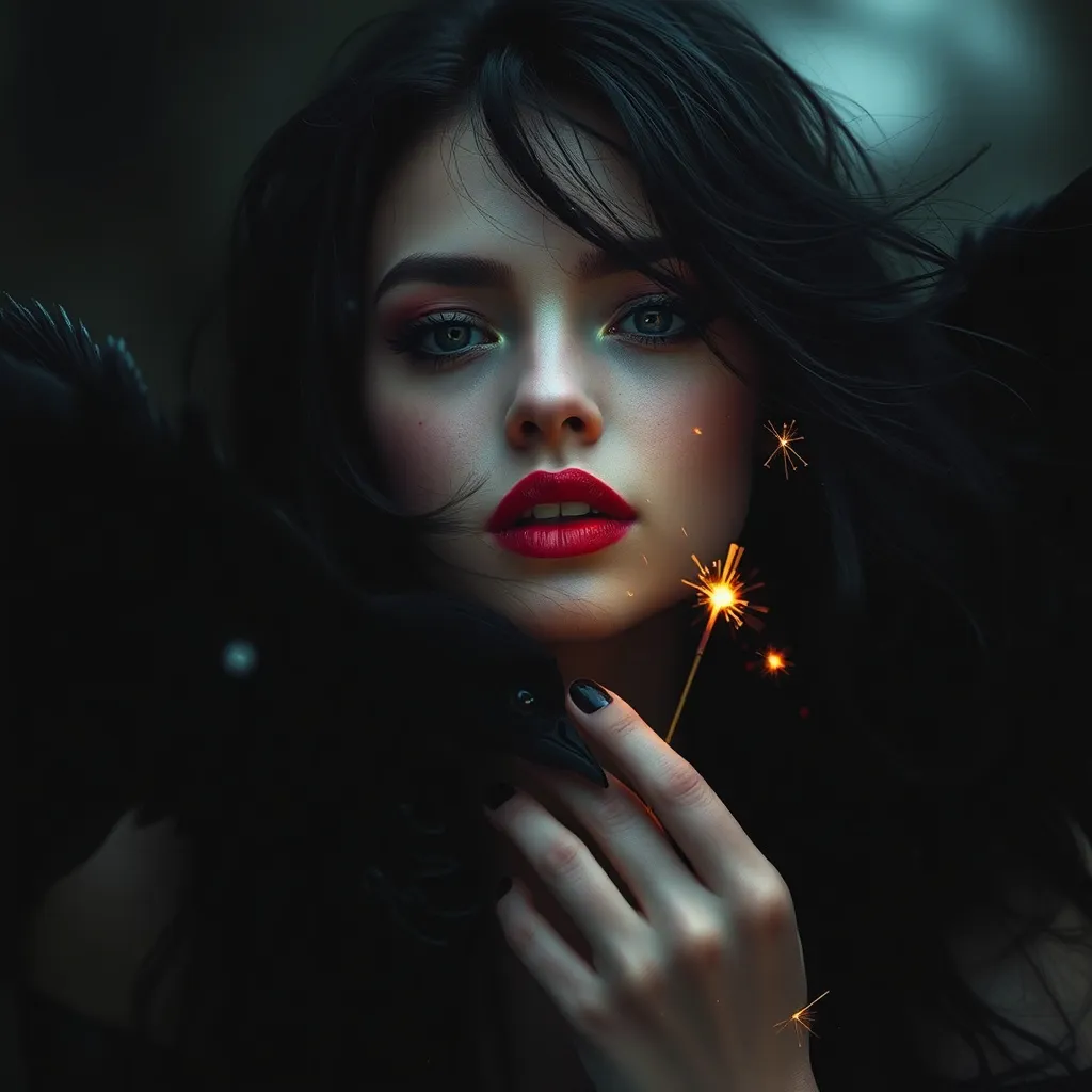 Prompt: Raven hair and ruby lips
Sparks fly from her fingertips
Echoed voices in the night
She's a restless spirit on an endless flight