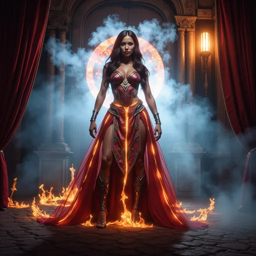 Prompt: HD 4k 3D 8k professional full-length modeling photo hyper realistic gorgeous ultra-muscular 28-year-old Fire and Ice Gypsy Princess of Carpia, ethereal greek goddess, full body surrounded by ambient glow, enchanted, magical, highly detailed, intricate, highly realistic woman, high fantasy background, Romanian dragon woman, elegant, mythical, surreal lighting, majestic, goddesslike aura, Annie Leibovitz style 

