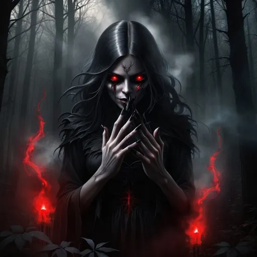 Prompt: a creepy black smoke with red eyes and hands in the dark forest with a light coming from behind it, Anne Stokes, gothic art, dark fantasy art, a digital rendering