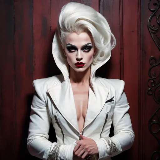 Prompt: (gothic art), imagine James Dean dressed as a gorgeous ultra-muscular 25-year-old Swedish drag queen bodybuilder with (striking dark red makeup and lipstick), wearing a (white jacket) draped over her head, (mysterious gaze) directed at the camera, (dramatic pastel colors), (moody ambiance), rich textures, (ultra-detailed wooden floor) in the background, evoking an eerie yet captivating vibe, (high quality) image, beautifully composed and expressive.