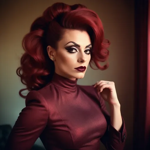 Prompt: photorealistic, (Holga photography), gorgeous ultra-muscular 25-year-old Italian drag queen businesswoman with long dark red updo hair, drak eyeshadow and dark red lipstick,  (haughty expression), (confident pose), full body, low-fidelity dreamy aesthetic, soft light flare, analog photography style, vintage charm, grainy texture, warm tones, stylish attire, evoking authority and elegance, reminiscent of classic business imagery, capturing a moment of confidence, (low quality), ideal for a striking portfolio or profile shot, perfect blend of retro and modern vibes.