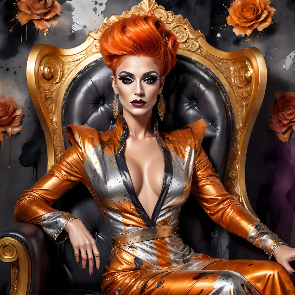 Prompt: a gorgeous muscular 25-year-old Turkish drag queen, dark orange hair, detailed ornate silver and bronze cloth robe, dark eye makeup and dark lipstick, dramatic lighting, digital watercolor painting, paint splatter, bold brush strokes, art nouveau, majestic queen sitting on her throne (made of gold) in an elegant (colorfull flower dress), ornate very big throne with  diamonds and flowers adorned with delicate mycstical (colorfull) and glimmering (diamonds), mythical  looming behind, captivating atmosphere, dramatic lighting, ethereal ambiance, richly detailed backgrounds, (HD, ultra-detailed) fairy-tale setting, tension filled with reverence and power.