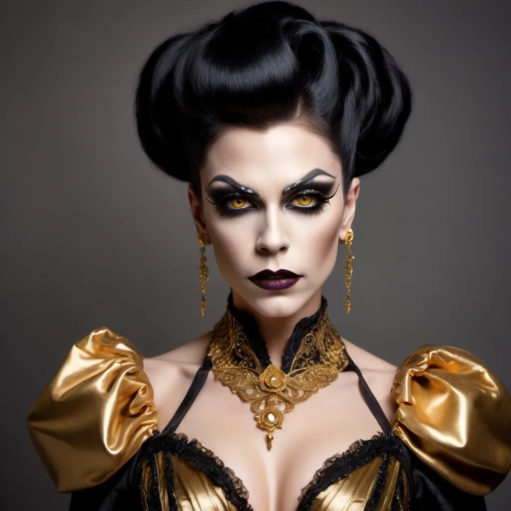 Prompt: elegant gorgeous muscular young vampire drag queen in gold and black tones and victorian dress