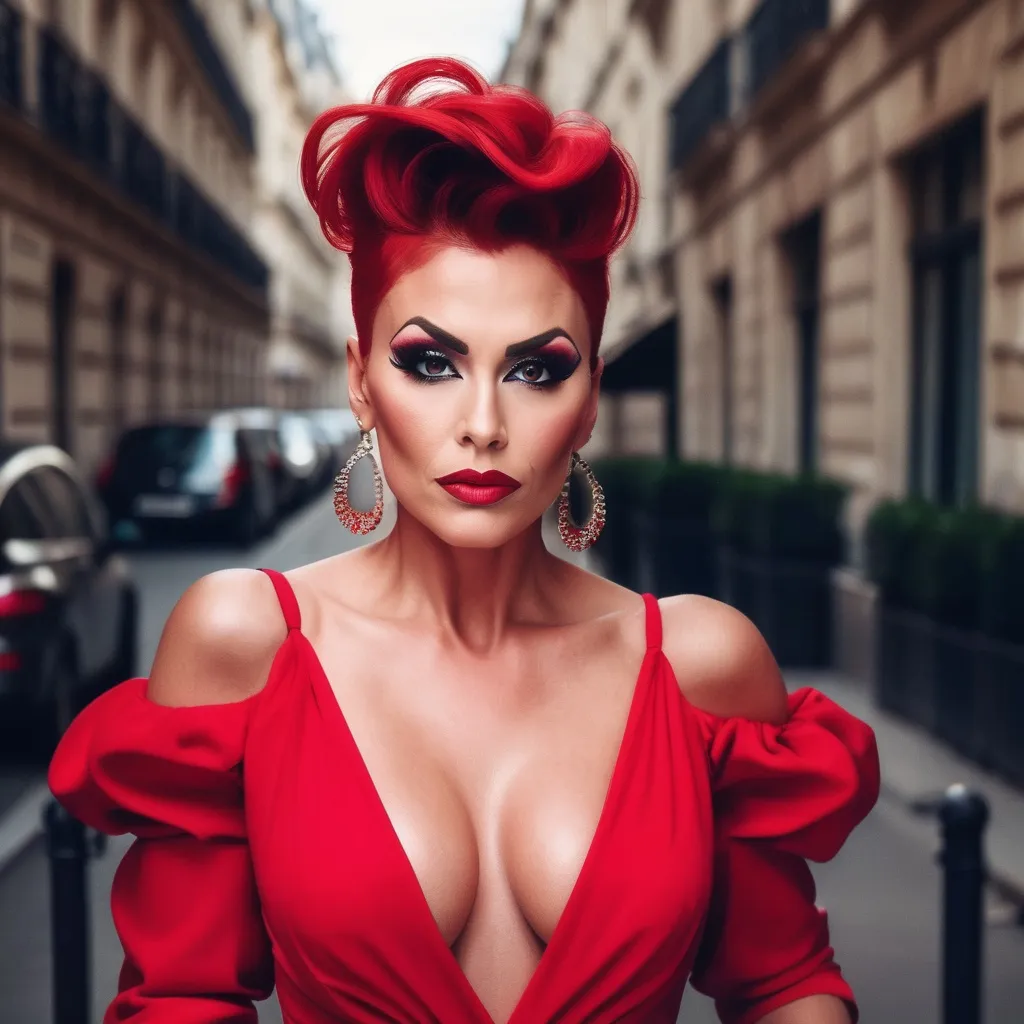 Prompt: Glamour photography of gorgeous 35-year-old czechian drag queen (strong, masculine jawline and brow features) with huge busom and short red updo hair wearing LBD and 8 inch stiletto high heel shoes, Glamour makeup in paris in the style of Guy Aroch