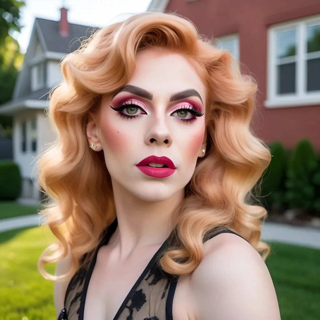 Prompt: Naive, beautiful,  girl-next-door drag queen (strong, masculine jawline and brow) with wavy strawberry-blonde hair, posing on the lawn in a nice neighborhood. 