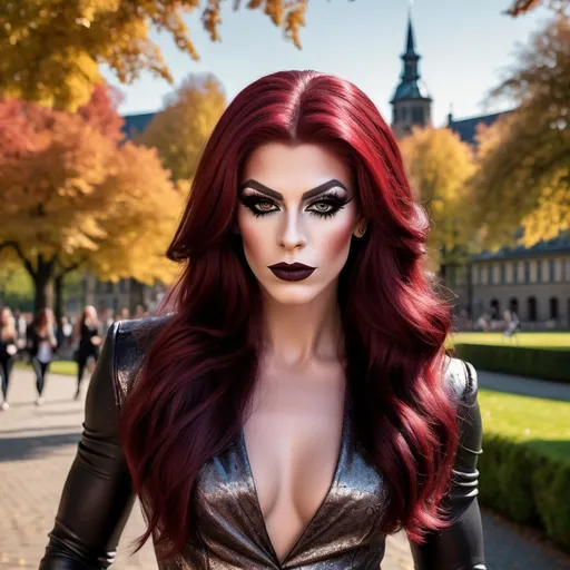 Prompt: (photorealistic), a confident, gorgeous, 
muscular 25-year-old Czechian drag queen (strong masculine facial features) with dark eyeshadow, dark lipstick, and long flowing dark red hair, walking purposefully, introducing practical studying techniques for English and German exams, vibrant outdoor setting with a beautiful park backdrop, bright sunlight illuminating her path, engaging facial expression reflecting enthusiasm, stylish casual outfit, carrying study materials, with scattered colorful notes around her, creating an inviting and motivational ambiance, high quality, ultra-detailed image.