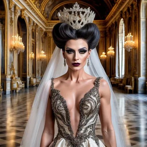 Prompt: Design a modern glamorous wedding dress worn by a real life gorgeous muscular 35-year-old Turkish drag queen ((strong masculine jawline and brow features)) model dress to be daring and glamorous and elegant, dark eye makeup, dark lipstick.  Posing in the Palace of Versailles.