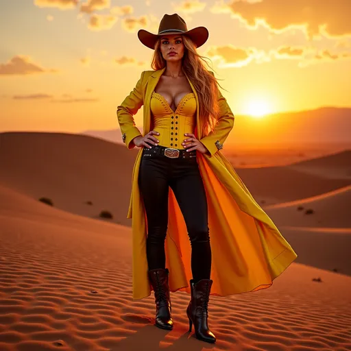 Prompt: (Gorgeous ultra-muscular 25-year-old Swedish drag queen bodybuilder cowgirl with ridiculously long strawberry-blonde hair), standing confidently in a yellow corset and elegant black pants and longcoat, cowboy hat, full body shot, vibrant desert background at sunset, warm golden and crimson tones illuminating the scene, dramatic shadows, ultra-detailed, capturing an adventurous and daring spirit, dynamic pose, rugged leather stiletto high heel boots, striking facial features, showcasing both strength and beauty.