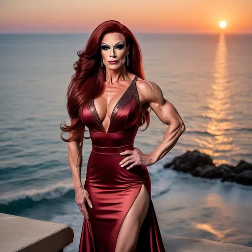 Prompt: Imagine Birt Reynolds dressed up as The most beautiful ultra-muscular 35-year-old French drag queen bodybuilder with very long dark red hair wearing a conservative yet classy evening dress and 8 inch stiletto high heel shoes posing near the ocean at sunset.