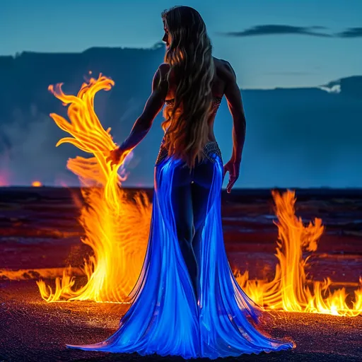 Prompt: Gorgeous ultra-muscular 25-year-old Swedish goddess bodybuilder dancing on blue flame, silhouette, lava, long flowing blue flame gown, huge busom, long wavy fiery hair, long muscular legs, very muscular dancing female, mystical background, 