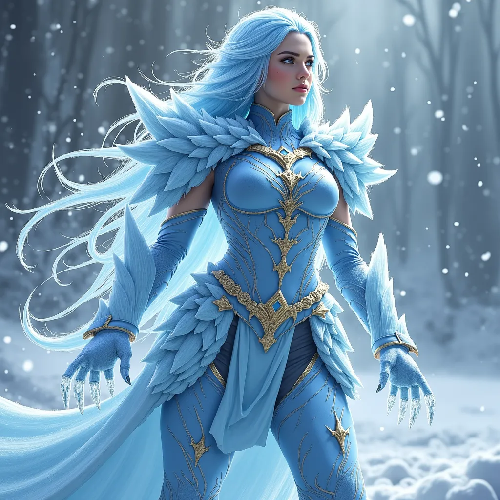 Prompt: Ice warrior goddess with ice skin and long flowing frozen hair, armor with gilded patterns and ice, superpower is ice, embodiment of the Yeti, dynamic pose