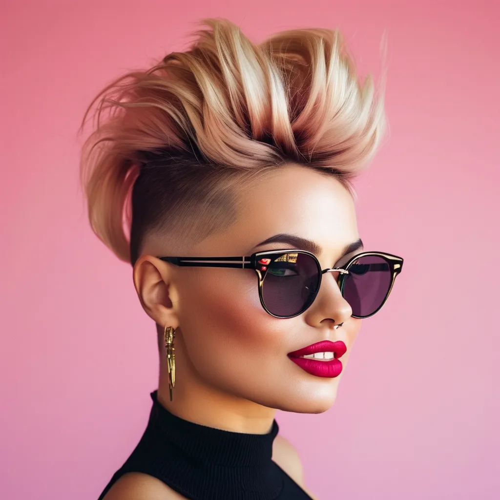 Prompt: side buzzed fade longer updo top cut with a pink trendy moehawk, hair cut sample, fashion magazine, high focus on trendy hairstyle, gorgeous 40-year-old Czechian drag queen bodybuilder model with thick eyeshadow and dark red lipstick, flirty, confident smile --ar 9:16 --v 6.0