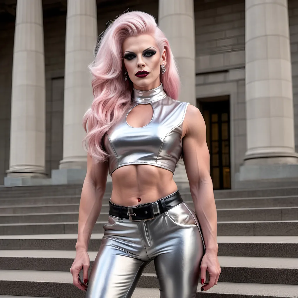 Prompt: a gorgeous muscular 35-year-old Icelandic drag queen (strong masculine jawline and brow) with dark eye makeup, dark red lipstick and Platinum pink hair, very muscular, wearing a leather pants, a silver blouse, and 8 inch stiletto high heel shoes.  The steps of the Philadelphia Museum of Art.