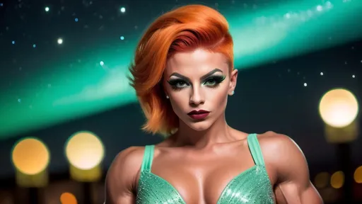 Prompt: Gorgeous ultra-muscular 25-year-old Czechian drag queen bodybuilder with short spiked swept Orange hair wearing a mint green flowy gown, dark eye shadow, heavy mascara, and dark red lipstick, staring at the stars in the sky and feeling content.