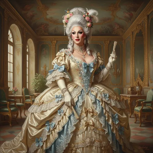 Prompt: Full body Rococo era portrait of a gorgeous muscular 35-year-old Polish drag queen, oil painting, luxurious dress, elaborate hairstyle, ornate jewelry, soft colors, soft and diffused lighting, high quality, detailed brushwork, elegant and refined, opulent setting, intricate lace details, classic beauty, historical art, Rococo style, delicate features, aristocratic charm