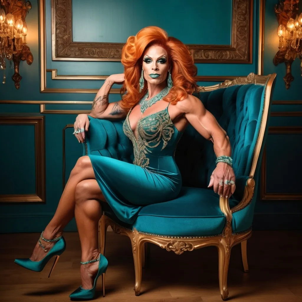 Prompt: Gorgeous muscular 35-year-old caucasian French drag queen bodybuilder with big busom and orange hair, diamond jewelry, intricate masculine facial features, elegant & elaborate teal formal dress with velvet and lace detailing, olive skin, teal high heels, sitting for a portrait photo, luxe belle epoch parlor, 8k, detailed, elegant, intricate details, Parisian vibe