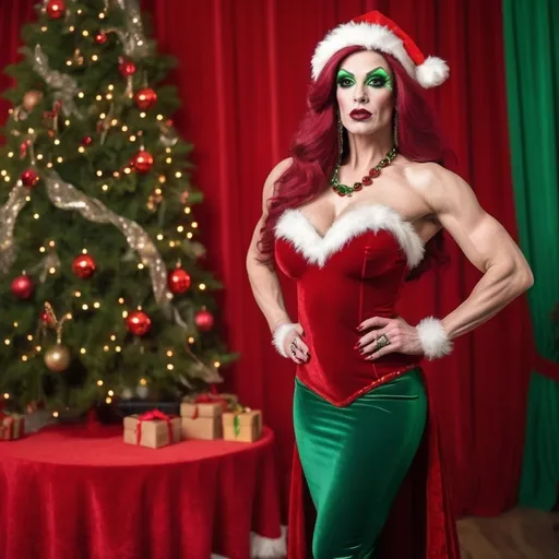 Prompt: A gorgeous muscular 25-year-old French Christmas drag queen bodybuilder with large busom, dark eye makeup, dark lipstick,  and long dark red hair, wearing a very festive red and green velvet Christmas outfit,  and 8 inch stiletto high heel shoes.  North pole background. 