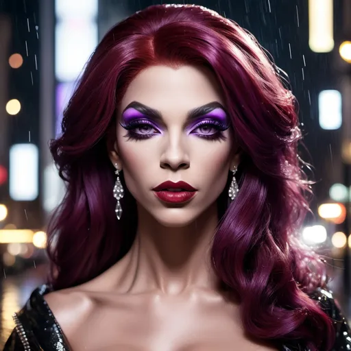 Prompt: Prince dress as A hyper realistic flawless 25-year-old gorgeous Austrian drag queen bodybuilder with straight violet shiny hair walking the streets as a classy debutante on a dark and rainy night. Heavy eye makeup. Dark red lipstick.