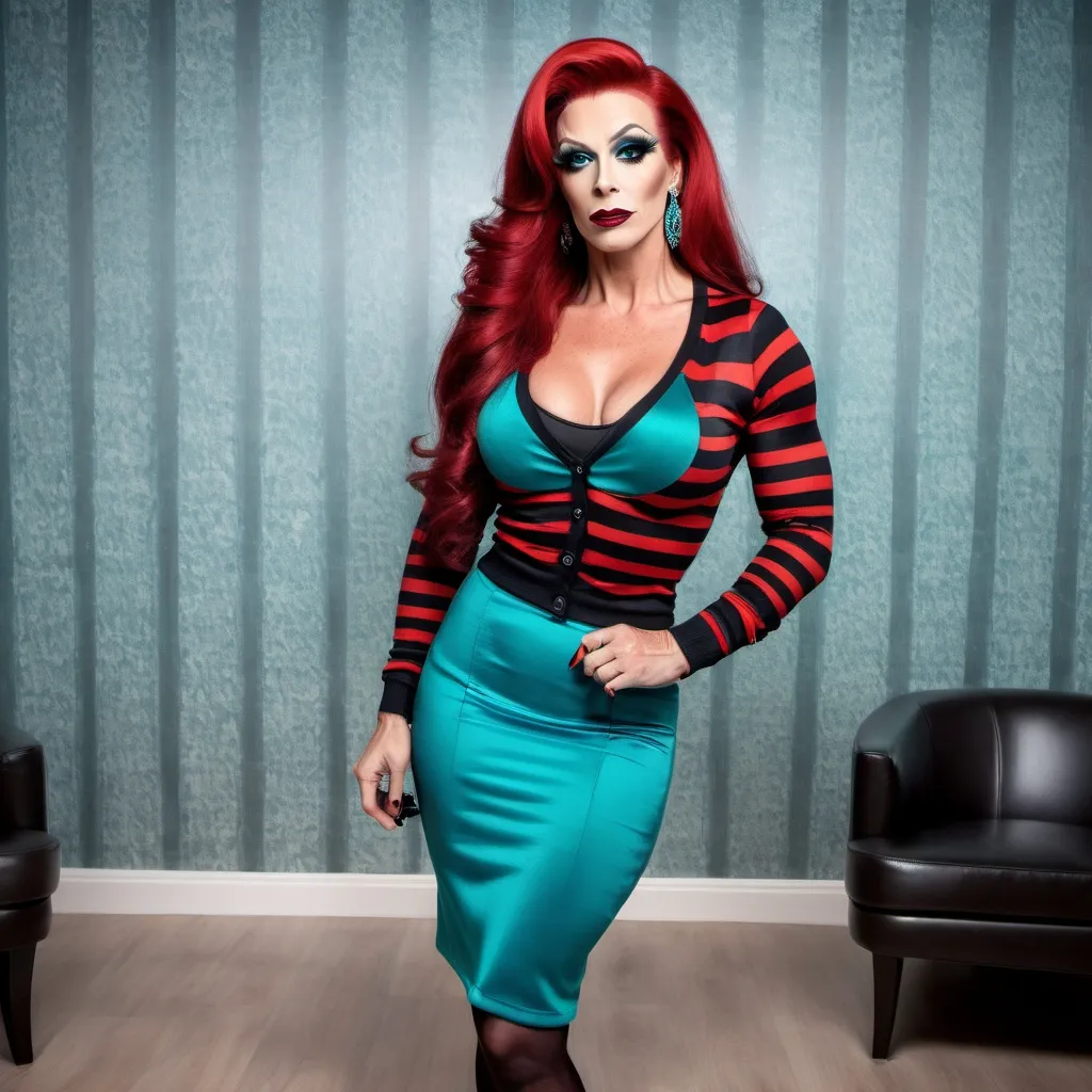 Prompt: Gorgeous muscular 35-year-old Slovenian drag queen bodybuilder with large busom, dark eyeshadow & liner, dark lipstick, and long stylish wavy bright red hair, wearing a teal striped cardigan sweater, black satin knee-length pencil skirt, seamed nylon stockings, and 8 inch stiletto high heel shoes, in a modern hotel lounge, against a wall with wallpaper and fireplace background.
