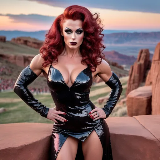 Prompt: James Dean transformed into A gorgeous muscular 35-year-old British drag queen bodybuilder with large busom, dark eye makeup, dark lipstick, a long curly dark red hair, wearing an asymmetrical black sequined gown, and 8 inch platform stiletto high heel knee-high boots, Colorado Red Rocks at sundown in the background. 