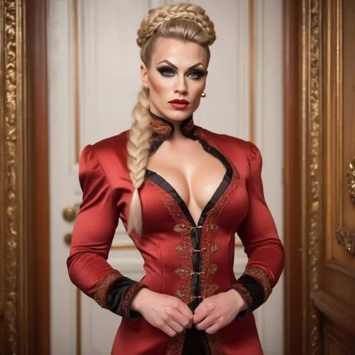 Prompt: Gorgeous ultra-muscular 25-year-old Finnish drag queen bodybuilder with huge busom, very short blonde braided hair, intricate face, slight smile very full thick lips,  standing in a foyer, fill light, flat stomach, wearing a fine copper and red robe, thin and delicate in the Victorian style of a French coat with high sleeves and ornate details emphasizing elegance and sophistication, thick tights, 