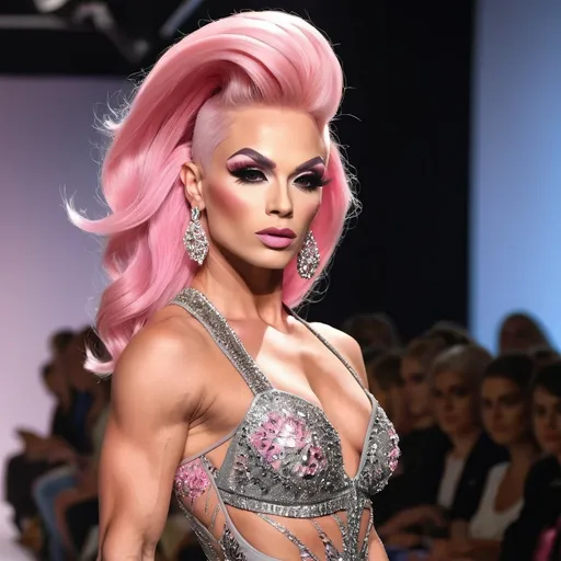 Prompt: Gorgeous statuesque 25-year-old Russian drag queen bodybuilder runway model with pink hair walking the catwalk at a fashion show.