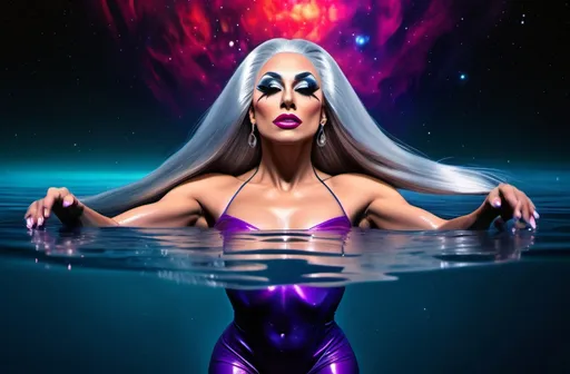 Prompt: A gorgeous ultra-muscular 25-year-old Turkish drag queen goddess with very long straight silver hair swimming in a lake of liquid Mercury in outer space. Vivid colors. Hd imaging.