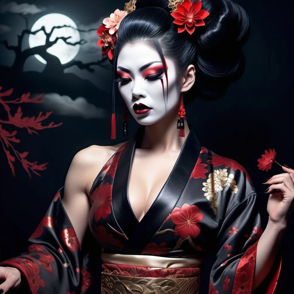 Prompt: (Gorgeous, muscular, goth,  geisha, drag queen bodybuilder), intricate dark makeup, traditional kimono with dark floral patterns, incredible detailing on clothes, perfect make-up, sharp fangs over blood red lips.  contrasting with lace elements, haunting ambiance, shadows reflecting cold moonlight, mysterious surgical precision in fabric details, mystical aura exuding sensuality, lush dark red and black tones, (ultra-detailed), (4K), dark, terrifying yet enchanting and chilling atmosphere in a Japanese grave yard, courtly surroundings filled with ethereal allure.