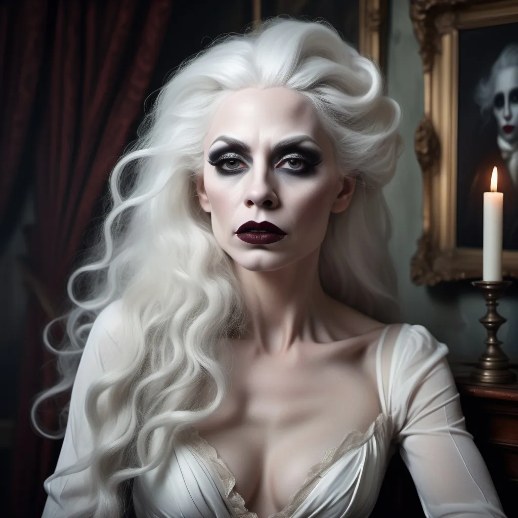 Prompt: Single image: A gorgeous dreamy ghostly mature muscular 25-year-old drag queen (strong masculine jawline and brow) with dark eyeshadow, dark red lipstick, and ridiculously long flowing ghostly white hair remains alone and eternally sad in her haunted Victorian Old mansion waiting for her long lost love to return art by Daria Endresen, John Reuss, Lin Fengmian, Robert Ryman, Elger Esser, Rimel Neffati. 3d, watercolors and ink, beautiful, fantastic view, extremely detailed, intricate, best quality, highest definition, zoomed in, hyper-muscular, muscles