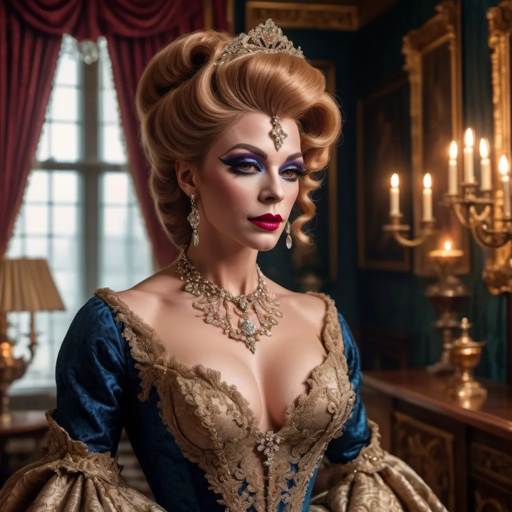 Prompt: (elegant 1600s gorgeous muscular British drag queen (masculine jawline and brow features)), historically accurate gown, adorned with intricate lace, lavish sparkling jewelry, (soft warm lighting), standing in a beautifully designed parlor, rich color tones, opulent decor, (highly detailed textures), saturated hues, atmospheric elegance, inviting ambiance, (4K ultra-detailed), artistry that captures the essence of wealth and sophistication.