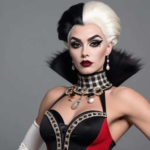 Prompt: A hyper realistic, gorgeous, muscular 25-year-old Czechian drag queen (masculine jawline and brow facial features) bodybuilder dressed as Cruella in Gucci dress, very detailed and accurated 64k quality HD 3D outfit