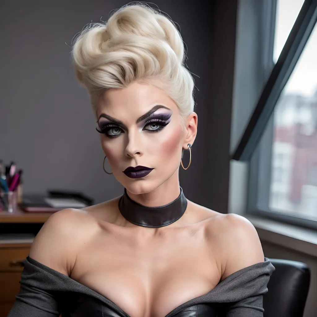 Prompt: Gorgeous muscular 25-year-old Finnish drag queen science teacher with platinum blonde high updo, dark eyeshadow and dark lipstick (((strong masculine jawline and brow))) sitting flirtatiously on her desk.