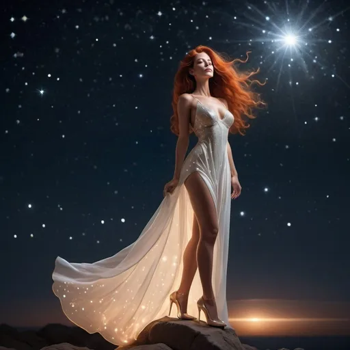 Prompt: In a serene setting beneath a canopy of twinkling stars, a gorgeous muscular 60 year old goddess wearing 8 inch stiletto high heel shoe stands illuminated by the soft glow of the moonlight. Her silhouette is striking against the dark night sky, creating a captivating contrast that accentuates her elegance and grace.

She has flowing dark orange hair that seems to shimmer and dance in the gentle night breeze, reflecting the subtle light of the stars above. Her eyes sparkle with a mysterious allure, mirroring the constellations that dot the sky.

Her attire is simple yet elegant, a flowing white see-through dress that seems to mimic the movement of the night sky itself. It billows gently around her as she stands, creating a dreamlike aura that adds to her ethereal beauty.

As she gazes up at the stars, a sense of wonder and awe fills her expression. Her connection to the universe is palpable, as if she holds a secret understanding of the mysteries of the cosmos.

Surrounded by the beauty of the night sky, this woman embodies the timeless allure of the heavens. Her presence is both calming and enchanting, making her a mesmerizing focal point against the backdrop of the starry night.






