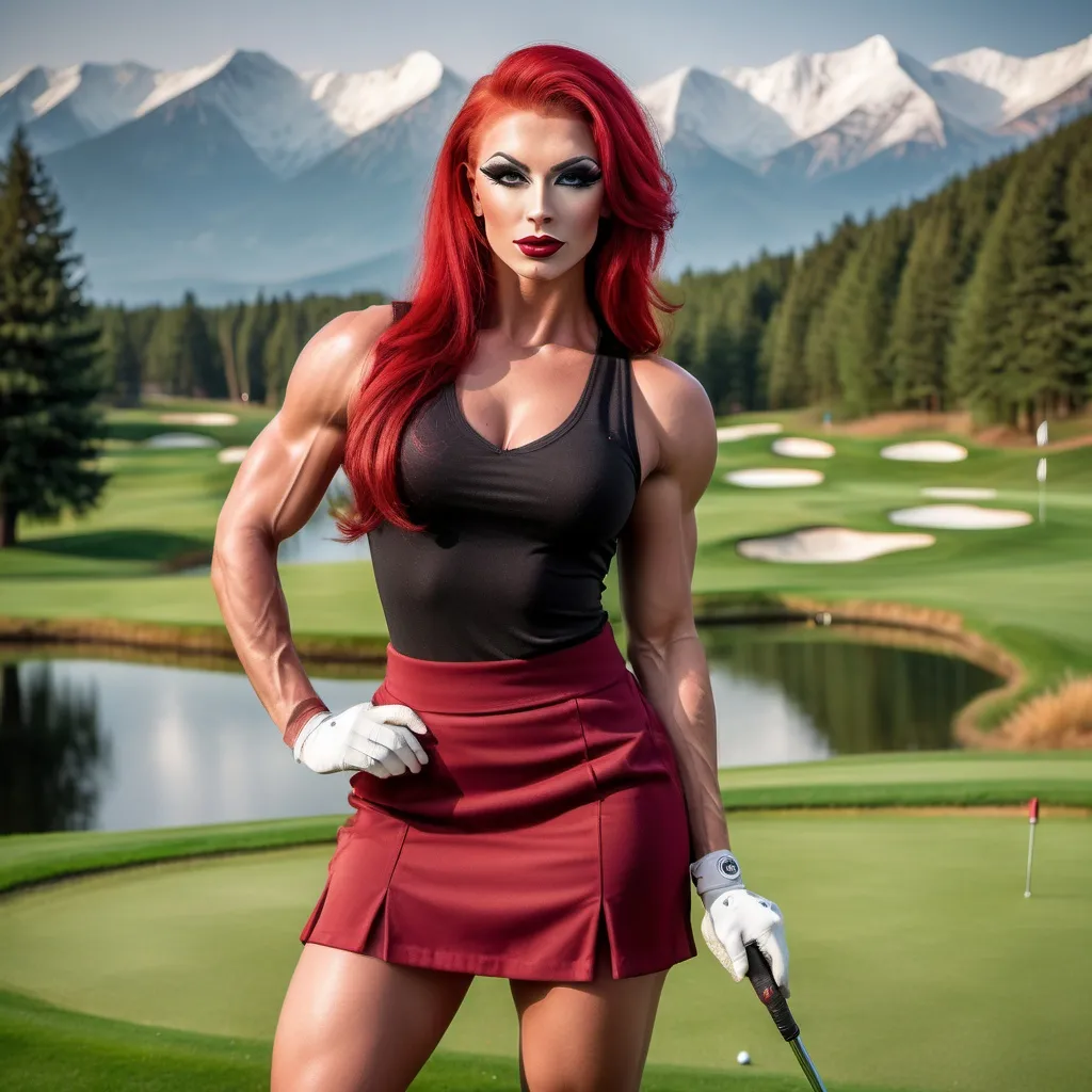 Prompt: a gorgeous muscular 25-year-old Polish drag queen (strong masculine jawline and brow facial features) bodybuilder with large busom and bright red hair, wearing a golf skirt and cute tank top, 8 inch stiletto high heel shoes, smokey eye shadow  and dark red lipstick, holding a golf club and posing for a picture on the golf course with mountains in the background, Evelyn Abelson, superflat, professional, a stock photo