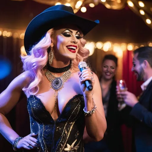 Prompt: A wide, soft focus, (((cowboy shot))) of a French champagne drag queen diva at a bohemian masquerade ball. Dramatic lighting and shadows. She is laughing heartedly, expressive body language.